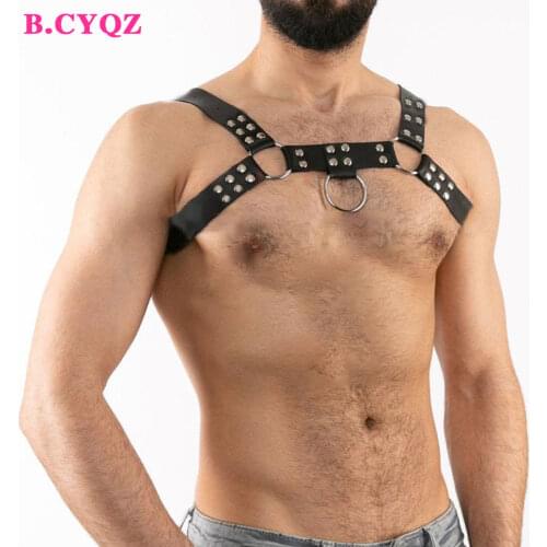 B.CYQZ Sexy Leather Harness Men Male Lingerie Adjustable Fetish Gay Sexual Body Belt Strap Rave Costumes Chest Choker Garter