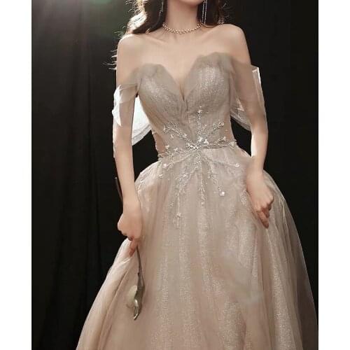 Champagne Evening Dresses Off The Shoulder A-Line Appliques Beading Shiny Elegant Wedding Formal Party Cocktail Prom Gowns New