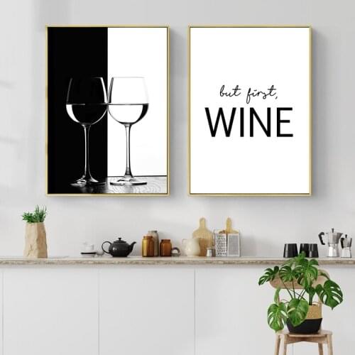 Canvas Painting But First Wine Quote Bar Wall Art Picture Black White Kitchen Poster Restaurant Drinks Wall Prints Home Decor