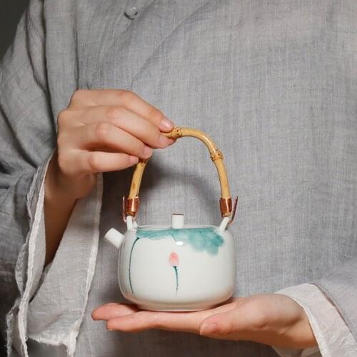 Chinese Teapot Hand Painted Pink Green Lotus Underglaze Colored Beam Pot Kung Fu Teaset Household Small Fresh Tea Kettle