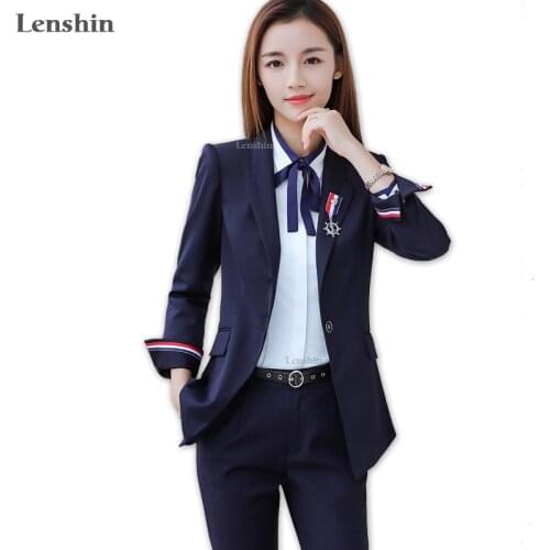 Lenshin 2 Pieces Set Formal Pant Suit Women Work Wear Contrast Sleeve Office Lady Uniform Style Business