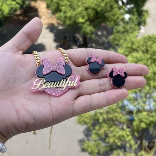 3UMeter New Custom Nameplate Necklace Personality Acrylic Childrens Cartoon Name Necklace Earring Set