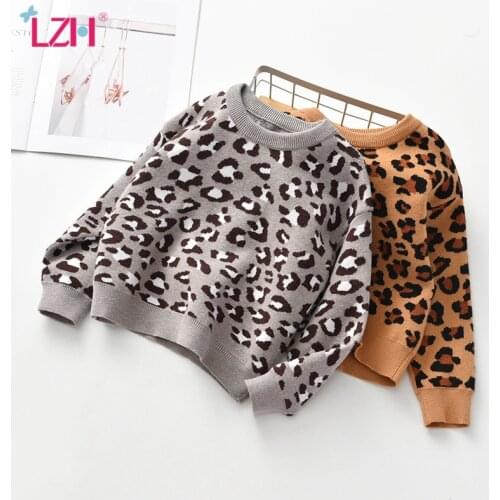 LZH Kids Clothing 2020 Autumn Winter New Korean Style Fashion Childrens Sweater Girls Leopard Printing Knitted Pullover Shirt