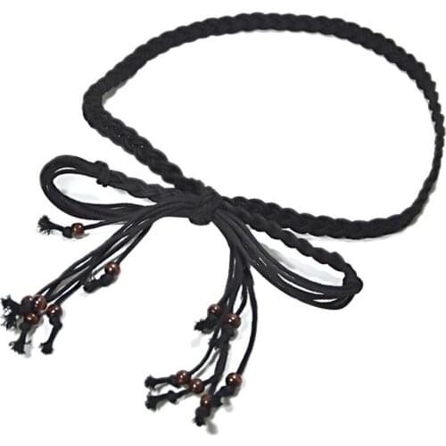 Belts Womens Bohemia Braided Beads Thin Skinny Waist Rope Belt Self-Tie Waistband