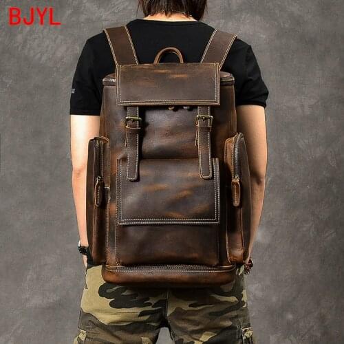 Retro Crazy Horse Leather Men Backpack Large Capacity Men shoulder bag male Cowhide Leather school laptop bags Travel Backpacks