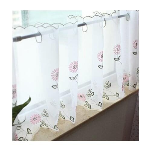 Pink daisy flowers cabinet curtains. Embroidered coffee curtain. Decoration small short gauze curtain