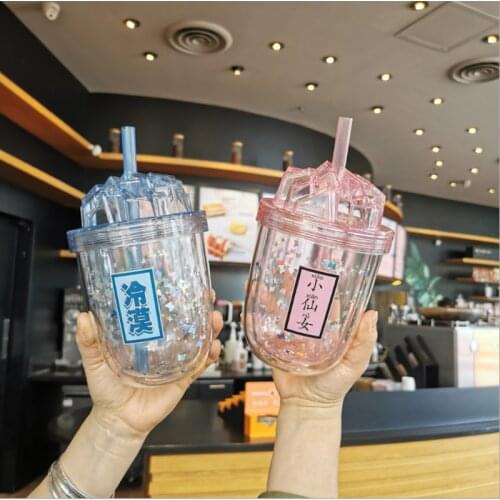 Straw Milk Tea Cup Plastic Cup Large Capacity New400ml Simple Fashion Coffee Mugs with Lid White Packaging Boba Tea Cups
