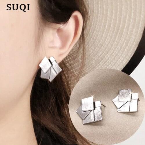 SUQI new Fashion Wire drawing Hook Earrings Ear Studs Special Design Geometric Zinc Alloy Gold silver color Earring Ornaments