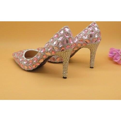 Pink crystal wedding shoes the bridesmaid shoes high-heeled pointed toe shoes rhinestone princess single pumps woman