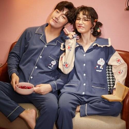 Comfortable Home Service Winter Sleepwear Couple Pajamas Women Cotton Jingle Cat Lapel Lover Home Service Long Sleeves Plus Size