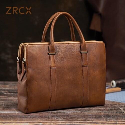 ZRCX Vintage Briefcase Men Shoulder Handmade 100% Genuine Leather Bag Brown Laptop Business Bags Handbags Casual High Quality