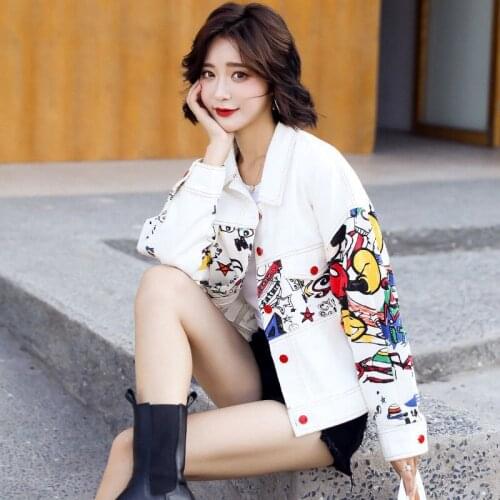2021 Spring Jacket Women Fashion Fall White Denim Jackets Loose Short Coat Female Graffiti Print Jeans Coat chamarras de mujer