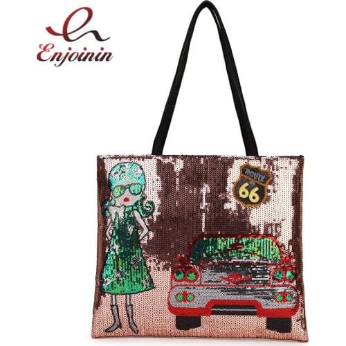 Cute Fashion Cartoon Girl Tower Pattern Embroidery Pu Leather Women Casual Shopping Bag Handbag Shoulder Bag Large Capacity Bag