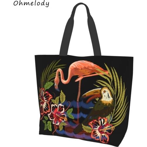 Floral Flamingo Womens Shoulder Handbags Hawaii Style Beach Bags Foldable Shopping Grocery Bag Large Travelling Totes