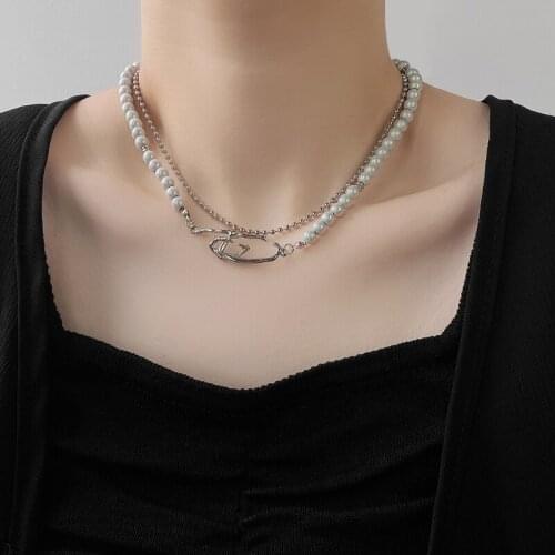 VSnow Unique Design Double-Layer Irregular Geometric Line Pendant Necklace for Women Girls Faux Pearl Beaded Necklace Jewelry