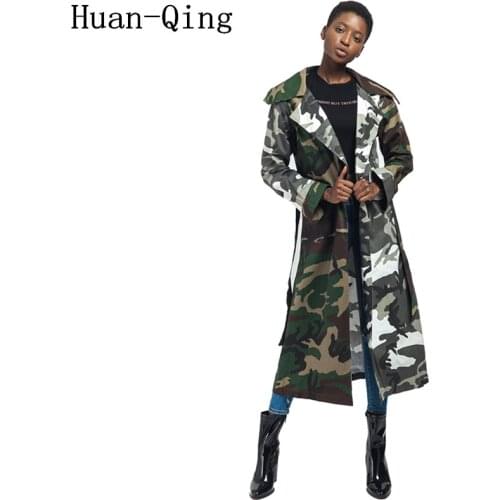 Europe Punk Style Print Camouflage Trench Coat Womens Long Sleeve Turn-Down Collar Belt Long Coats Outerwear Abrigos Plus Size