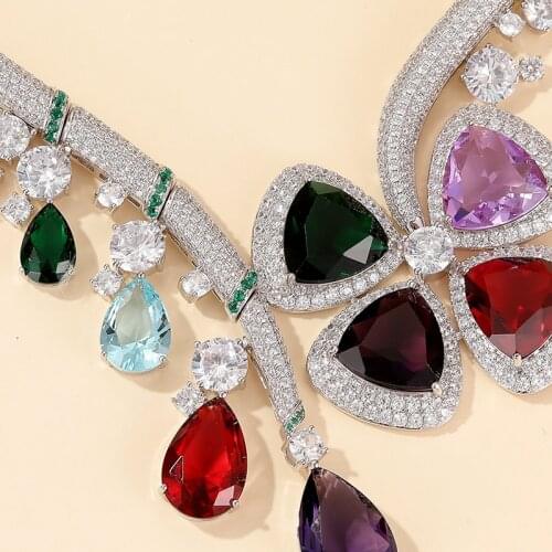 Womens multi color crystal micro paved cubic zircon stone flower choker necklaces Designer copper jewelry