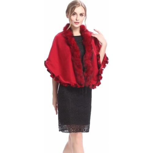 ZY87061 2017 New Design Fashion Ladies And Girls Fox Fur Trmming Semicircle Wool Fur Pashimina Bride Shawl Poncho