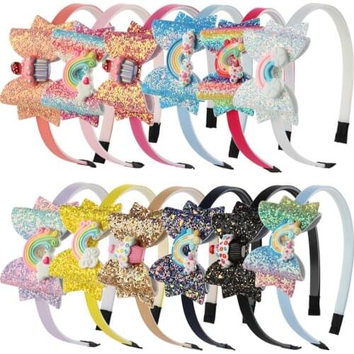 12pcs/set Girls Spring Hairbands Glitter Sequins Bows Headbands Shiny Rainbow 3 Inch Bow Kids Headwear Children Hair Accessories