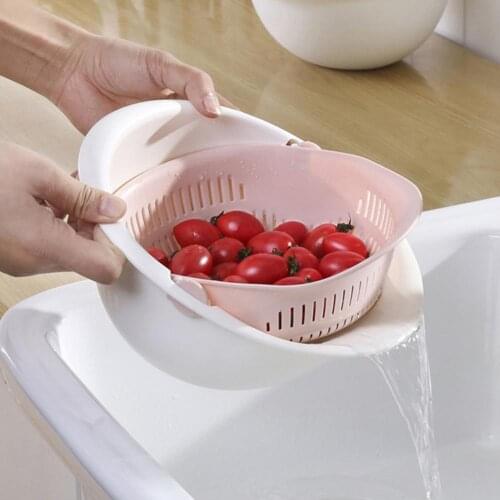 60% Hot Sales!! Home Kitchen Fruit Vegetable Wash Draining Basket Rotating Double Layer Strainer