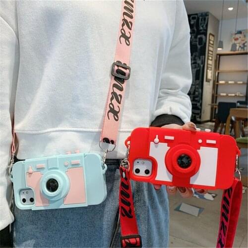 3D Camera Case for iPhone 12 Pro Max 12Mini 11pro 11 XR XS MAX 7 8 Plus Soft Silicone Phone Cover with Strap Card Slot