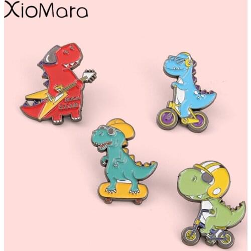 Cool Dinosaur Aerial Pulley Enamel Pin Badge Guitar Skateboard Brooches For Kid Friend Cartoon Cute Backpacks Lapel Jewelry Gift