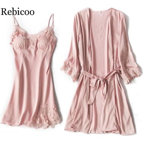 Robe and gowns set embroidery Sexy Pajamas Sets Satin Nightwear Women Nighties pyjama femme sleepwear sets silk dress pink lace