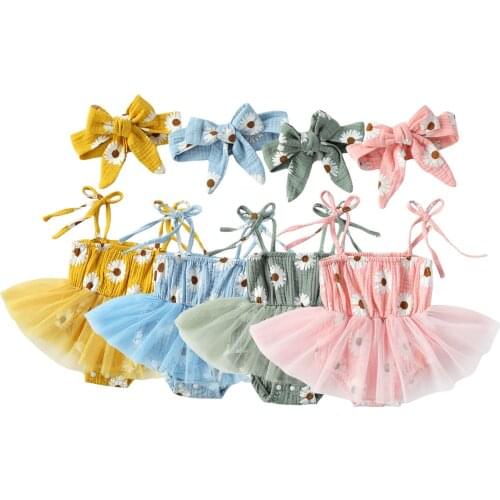Citgeett Summer Infant Baby Girls Lace-Up Suspender Bodsyuit Daisy Printing Jumpsuits Headband Cute Clothes