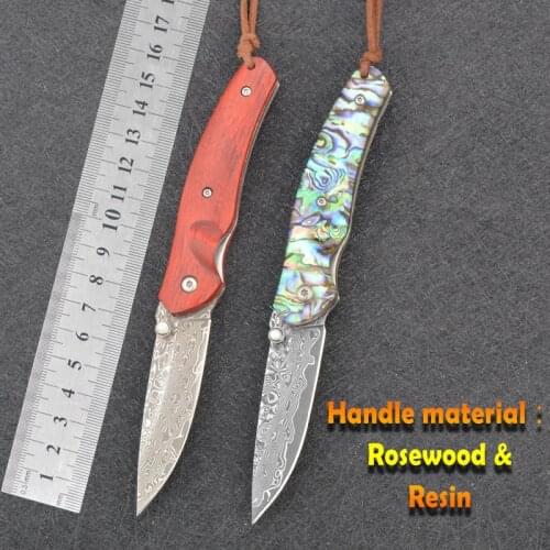 Exquisite Damascus Knife Compact And Easy To Carry Red Acid Branch Or Abalone Shellfish Resin Handle Material Outdoor Adventure
