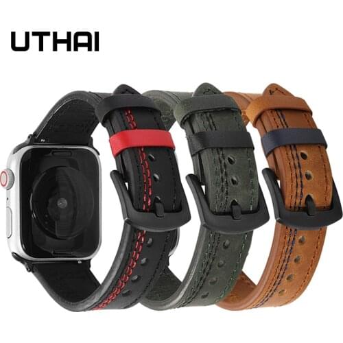 UTHAI A41 Watchbands Leather strap for iWatch 5 6 se 40mm 44mm Band for Apple strap watch 4 3 2 1 Cowhide strap