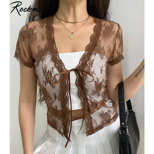 Rockmore Y2K Brown See Through Lace Crop Top Woman Vintage Short Sleeve Sexy V Neck Lace Up Tees Mesh Tshirts Streetwear Clothes