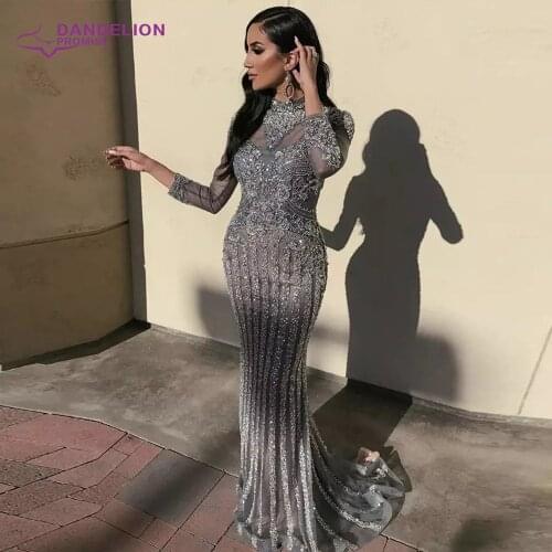 Luxury Evening Dresses 2020 Beading Sequined Long Sleeves High Neck Mermaid Sparkly Formal Party Gowns