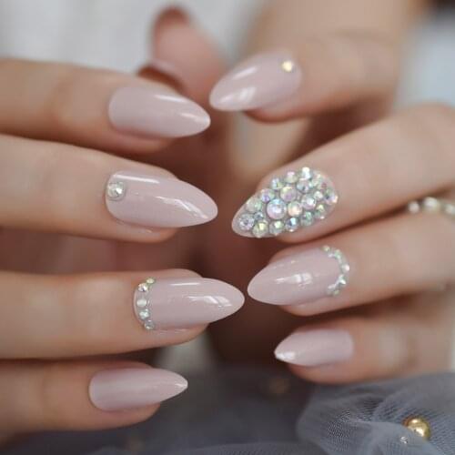 Christmas Style False Nails Medium Stiletto Press On Nails Custom Glossy Rhinestone Faux Ongles AB Crystals Kit 24