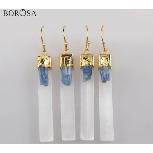 BOROSA Natural Selenite Druzy Quartz Earrings with Kyanite Rectangle Crystal Quartz Long Dangle Earrings for Women G1870