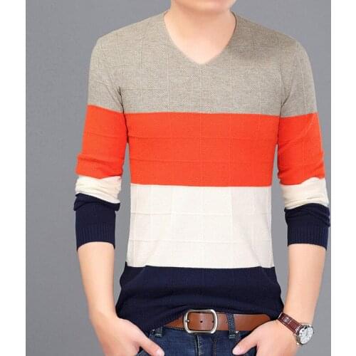 New Arrive Stripe Jacquard Knitted Sweater Brand For Men 2 017 Fashion V Neck Mens Pullover Sweaters Size M~3XL