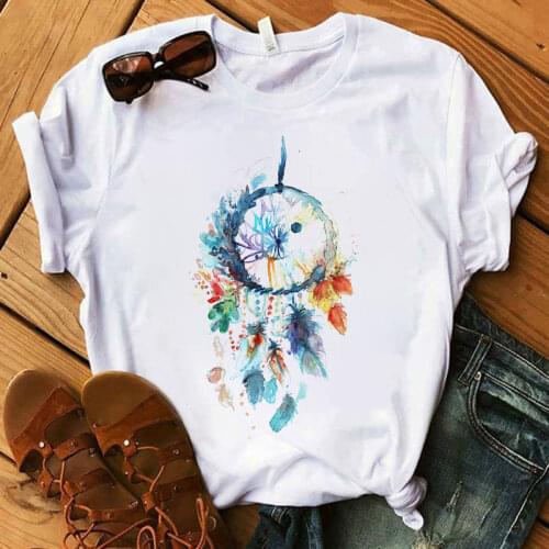 FIXSYS Harajuku Flower Crew-neck Tops Summer Fashion T-shirt Woman Dream Catcher T-shirt Woman Kawaii Retro Summer Woman Tee