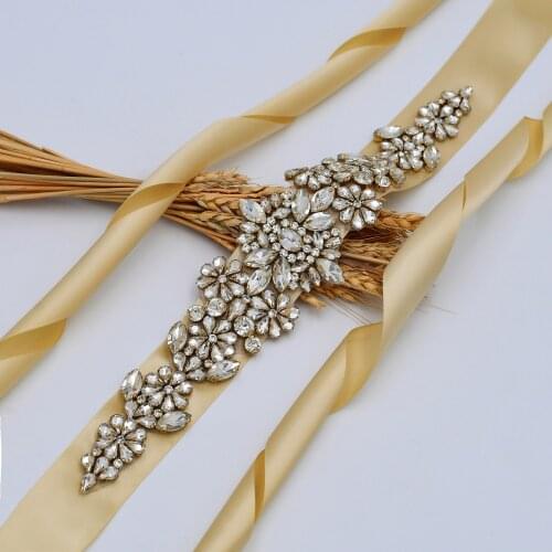 TRiXY S325-G Sparkly Rhinestones Belt Bridal Belt Golden Diamond Belt Wedding Belt Crystal Wedding Sash Gold Flower Sash Belt