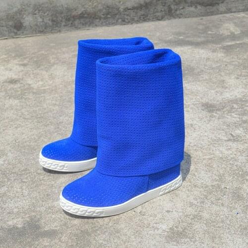 Fashion Hidden Wedge Platform Boots Woman Rome Style Cutouts Round Toe Knee High Boots Height Increasing Rubber Sole Long Boots