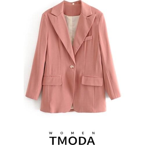 TMODA571 2021 Women Fashion Solid Casual Office Wear Suit Pink Blazer Single Breasted Coat Long Sleeve Notched Collar Ropa Mujer