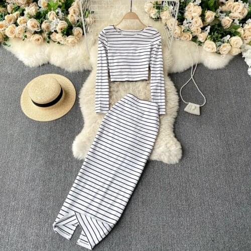 New Spring Fashion Women 2 Piece Set Striped Print O-neck Full Sleeve Crop Top and Long pencil Skirt Suits Casual