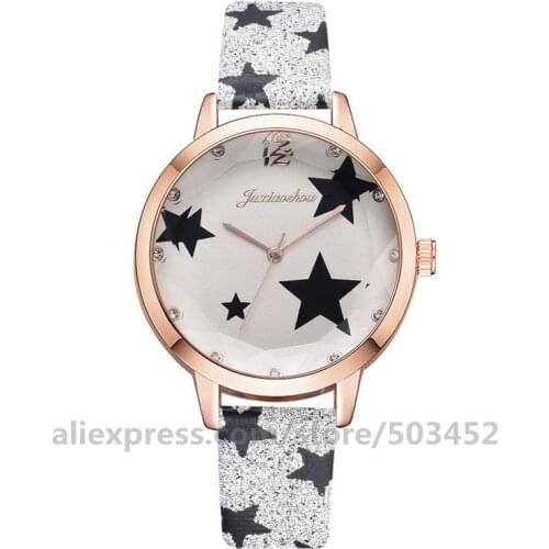 100pcs/Lot Fashion Star Diamond Leather Watch For Women Casual Round Case Wristwatch Fancy Girl Clock Zegarek Damski Wholesale