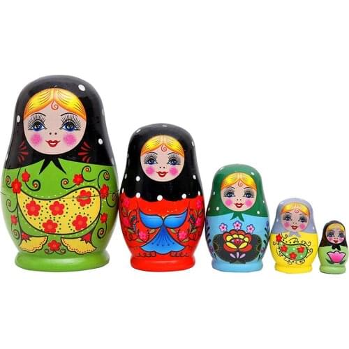 5Pcs/Set Flower Print Russian Nesting Dolls Matryoshka Wooden Handmade Toy Craft Ethnic Style DIY Dolls