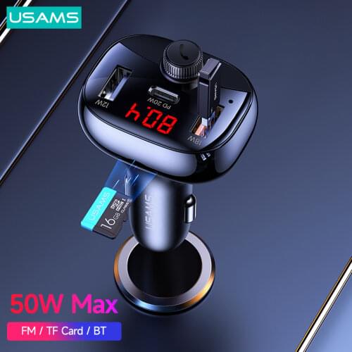 USAMS 50W 3 Port Wireless BT 5.0 FM Modulator Digital Display Car Phone Charger For iPhone Xiaomi Huawei Laptops Tablets Charger