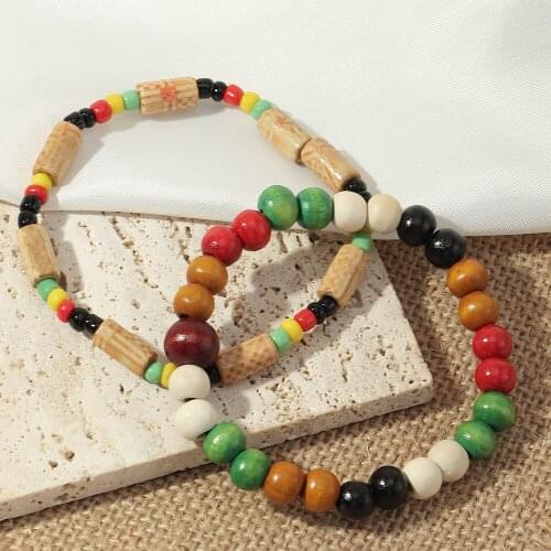 Bohemain Ethnic Wooden Bracelets for Women Men Multi-row Stretch Bracelet Carved Flower Statement Party Jewelry pulsera Hombre