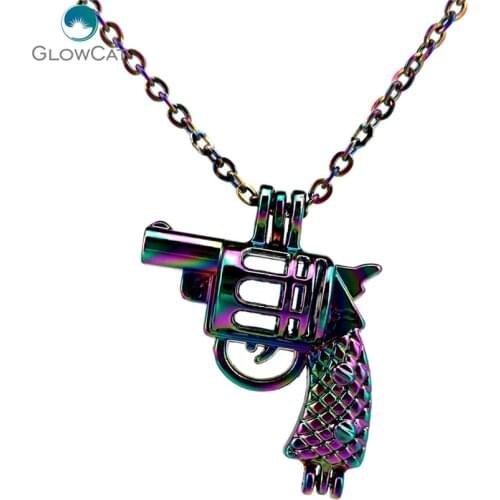 C11 COLORS Rainbow Multicolor Gun Pearl Cage Locket Pendant Necklace Steel 18" Aroma Essential Oil Diffuser Locket Necklace