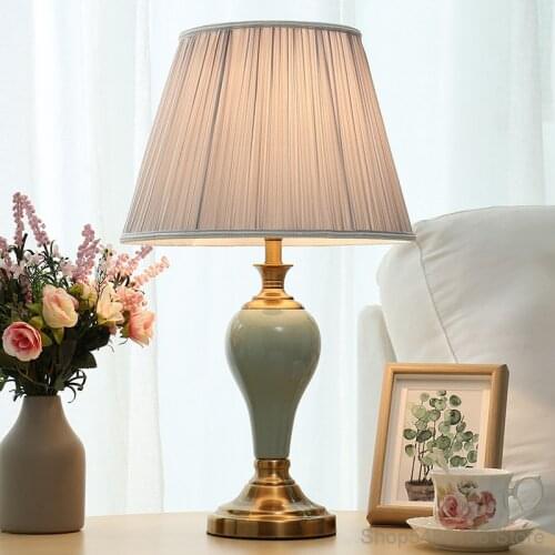 American Ceramic Table Lamp Bedroom Bedside Living Room Study Lighting Fixtures Vintage Fabric Lampshade Desk Lamp Home Decor