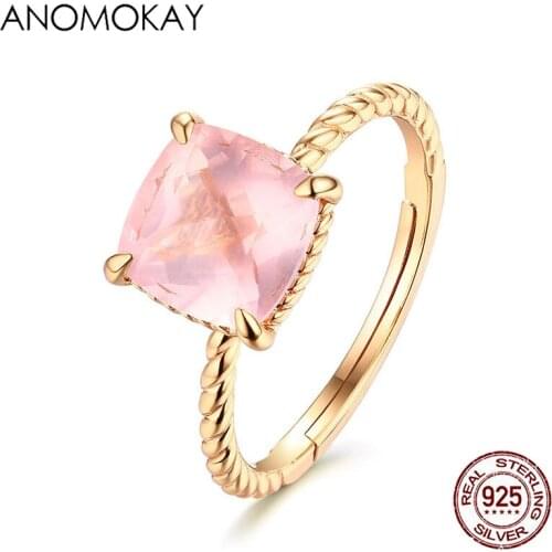 Anomokay New Romantic Pink Square Crystal Gold Color Rings for Women Lovers Gift 925 Sterling Silver Resizable Ring for Wedding