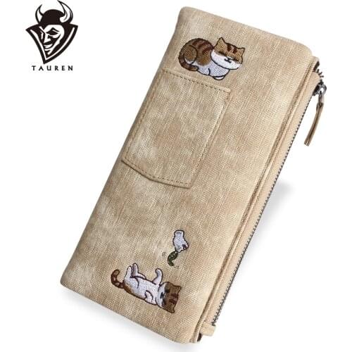 Women Cute Cat Jeans Style Wallet Long Zipper Girl Brand High Grade Pu Leather Phone Case Female Card Holder Wallet