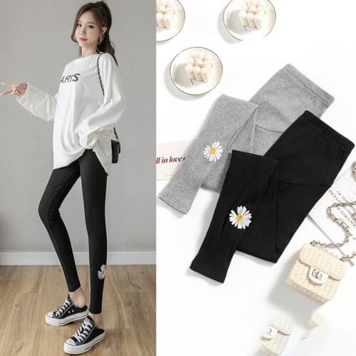 Maternity Leggings Embroidery Daisy Autumn Fashion Stretch Pants for Pregnancy Women Vertical Stripes Thin Belly Lift Bottoms