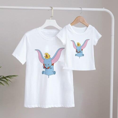 Lovely Graphic Tees For Women Baby Kids Boys Girls Children Tshirts Flying Elephant Printed Disney Cartoon Family Matching Tops